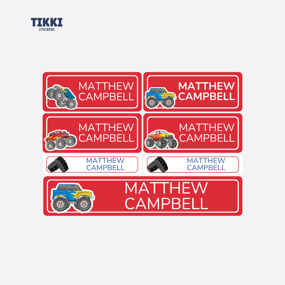 Monster Truck Waterproof Custom Name Labels