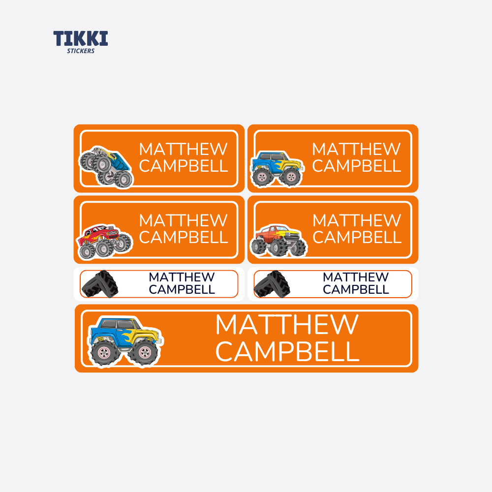 Monster Truck Waterproof Custom Name Labels