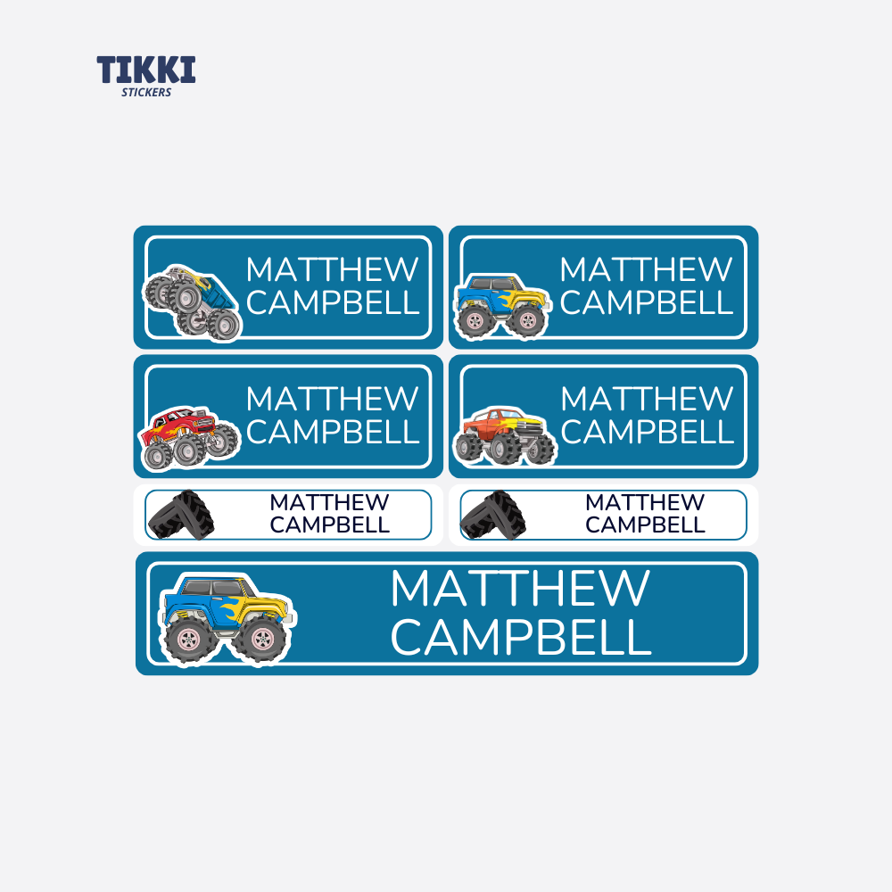 Monster Truck Waterproof Custom Name Labels