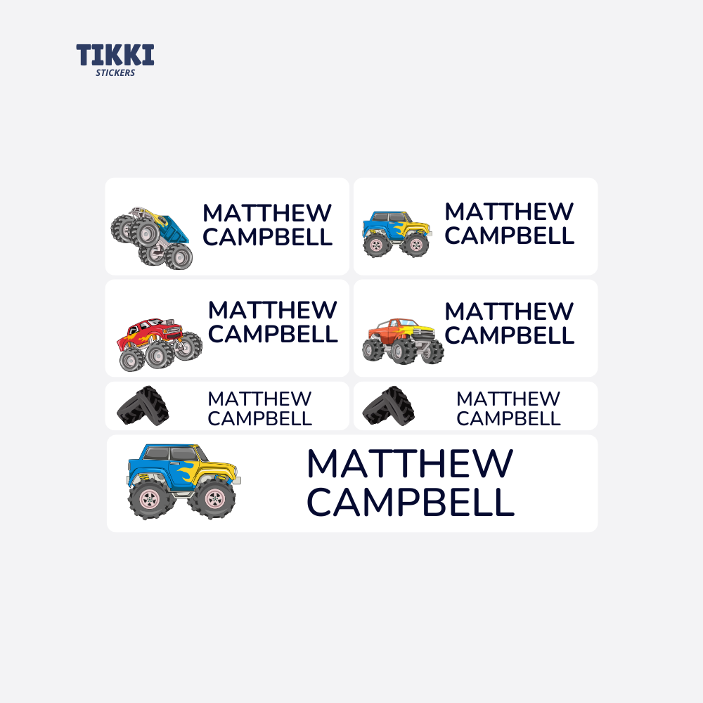 Monster Truck Waterproof Custom Name Labels